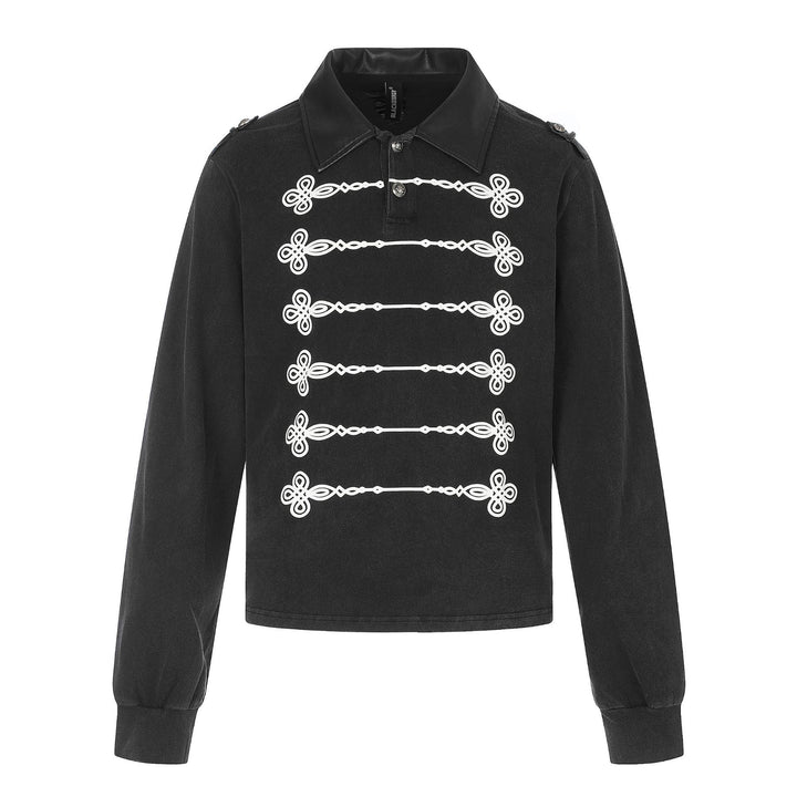 Damen Polo‑Sweatshirt im Military‑Style mit dekorativen Kordelprints und Lederkragen Drune
