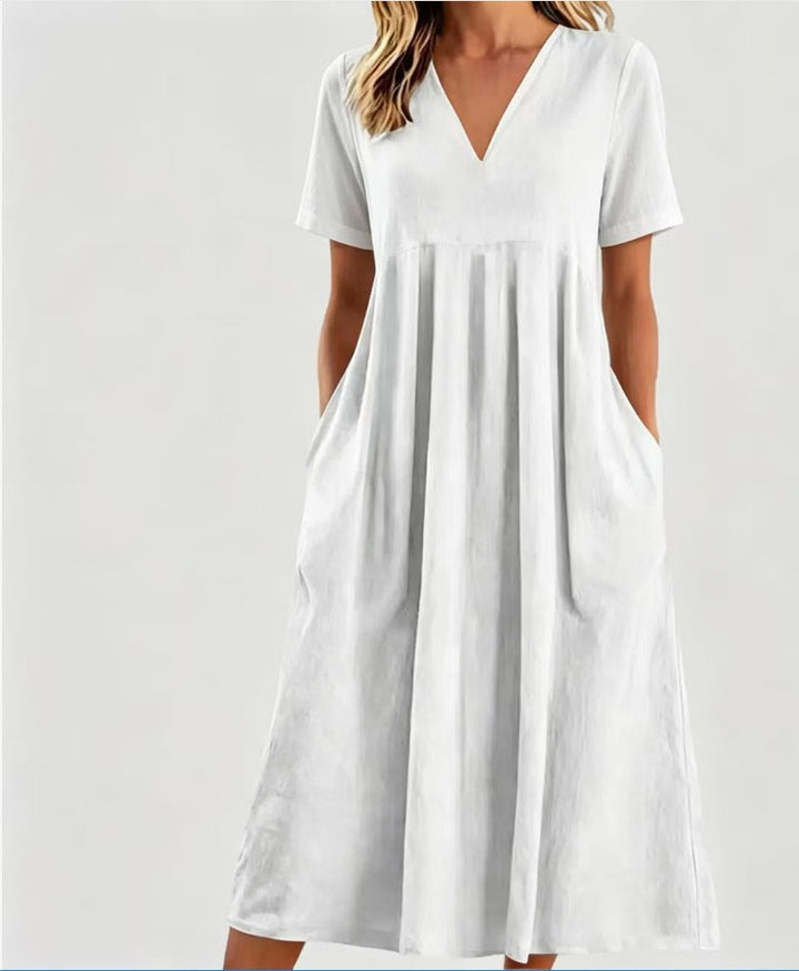 Damen nan legeres V-Ausschnitt-Midikleid mit Eingrifftaschen und geraffter Empirenaht Drune