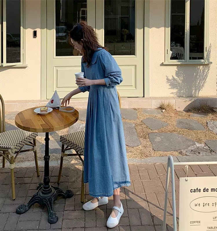 Damen Langes Chambray-Midaxi-Hemdkleid mit geraffter Taillenpasse und weitem Rockfalten Drune