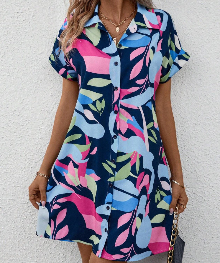 Damen Lockeres Hemdblusenkleid mit Knopfleiste, Reverskragen und floralem Print Drune