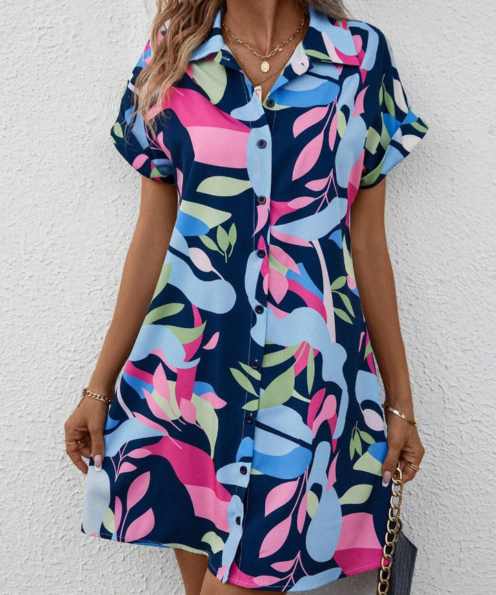 Damen Lockeres Hemdblusenkleid mit Knopfleiste, Reverskragen und floralem Print Drune