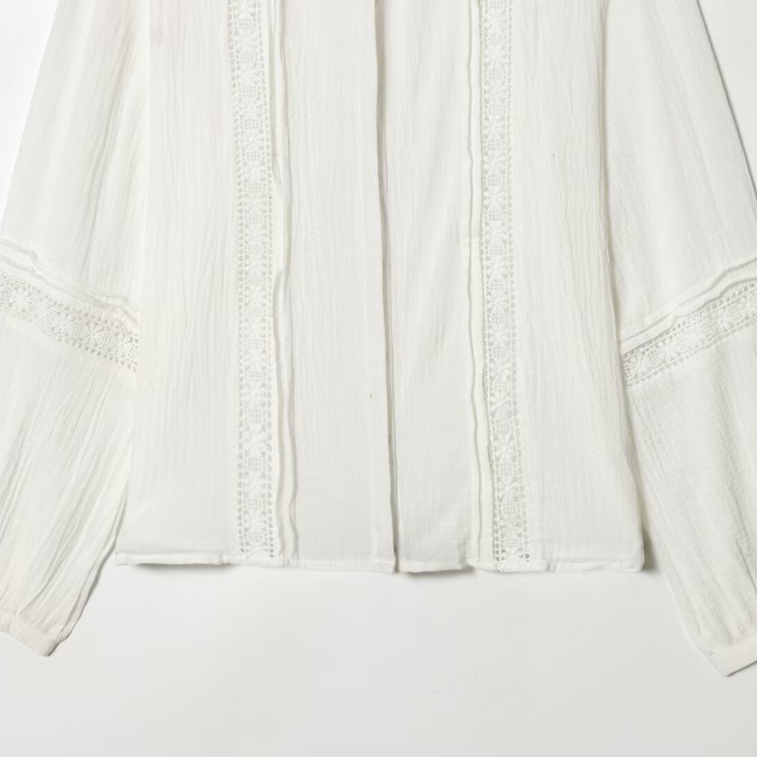 Damen Bluse mit zarter Spitzenapplikation, verdeckter Knopfleiste und Ballonärmeln Drune