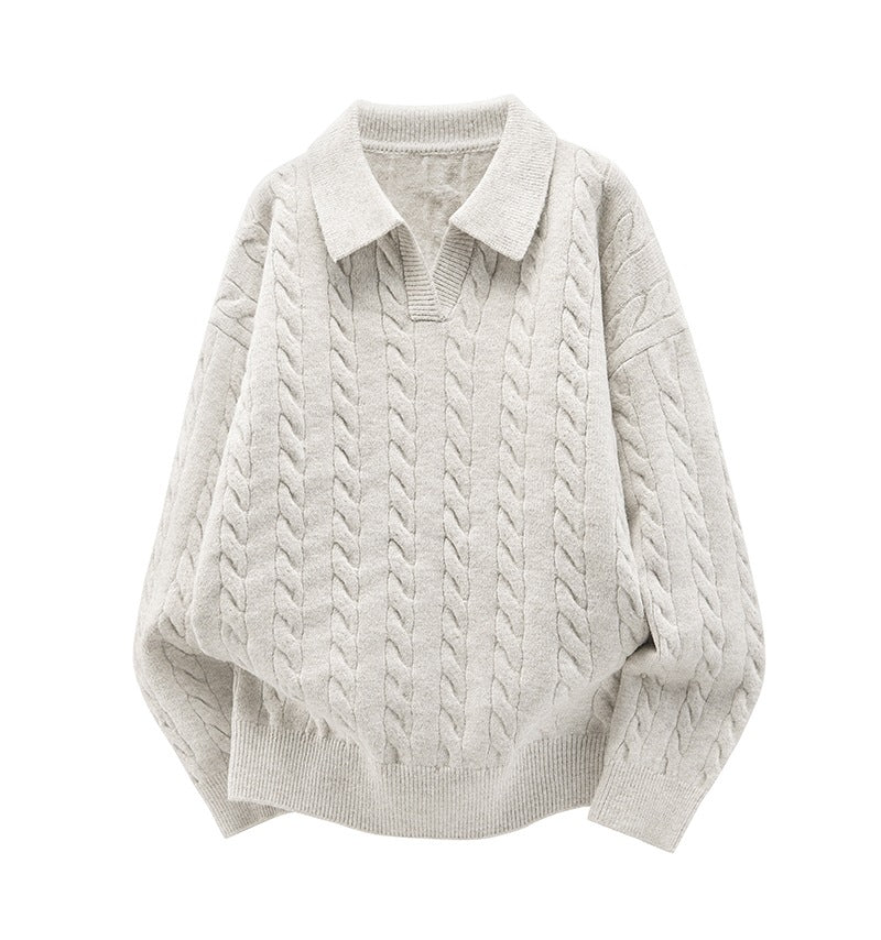 Damen Oversize Kabelstrick-Polo-Pullover mit V‑Ausschnitt und geripptem Saum Drune