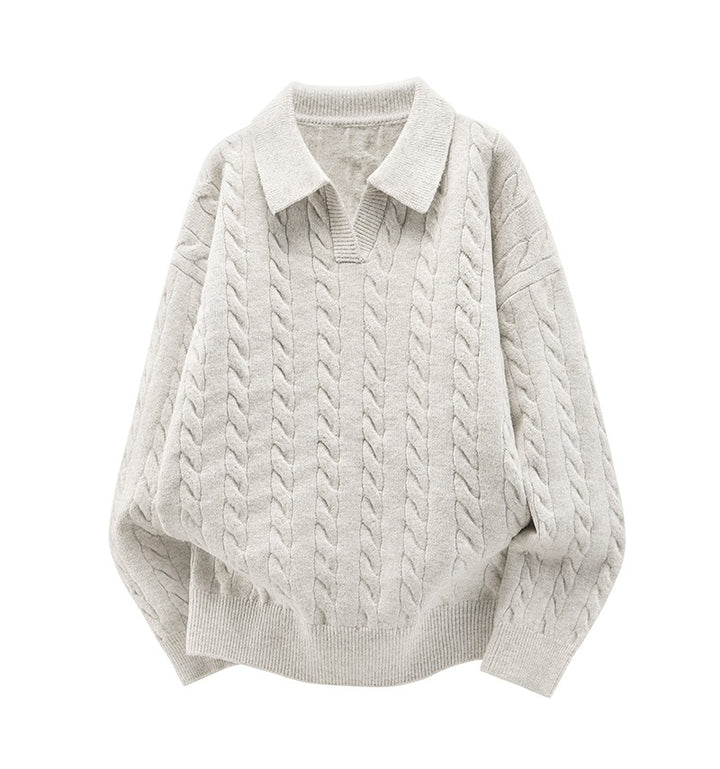 Damen Oversize Kabelstrick-Polo-Pullover mit V‑Ausschnitt und geripptem Saum Drune