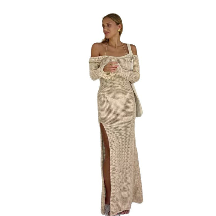 Damen luftiges Häkel-Maxikleid mit schulterfreier Optik und hohem Schlitz Drune