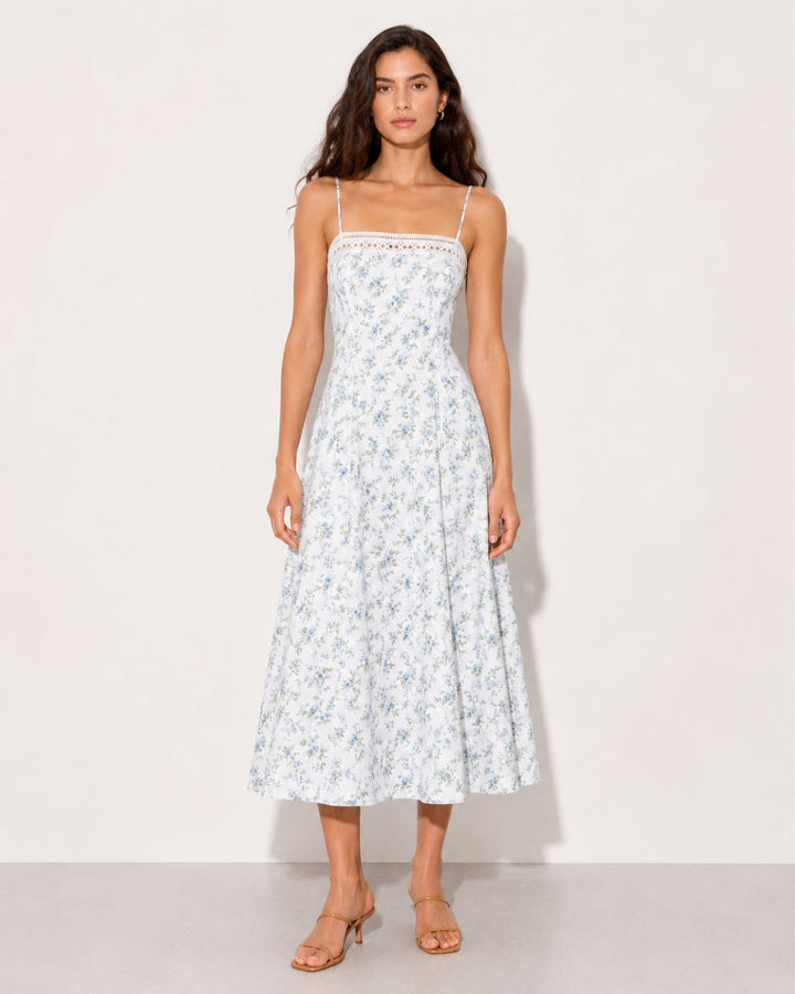 Damen nan Vintage-inspiriertes Midikleid mit schmalen Spaghettiträgern, Spitzenpassé und ausgestelltem Tellerrock Drune
