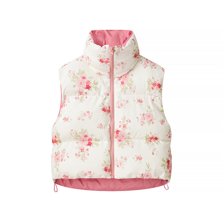 Damen nan gesteppte Weste mit floralem Allover-Print, hohem Stehkragen und verstellbarem Saum Drune