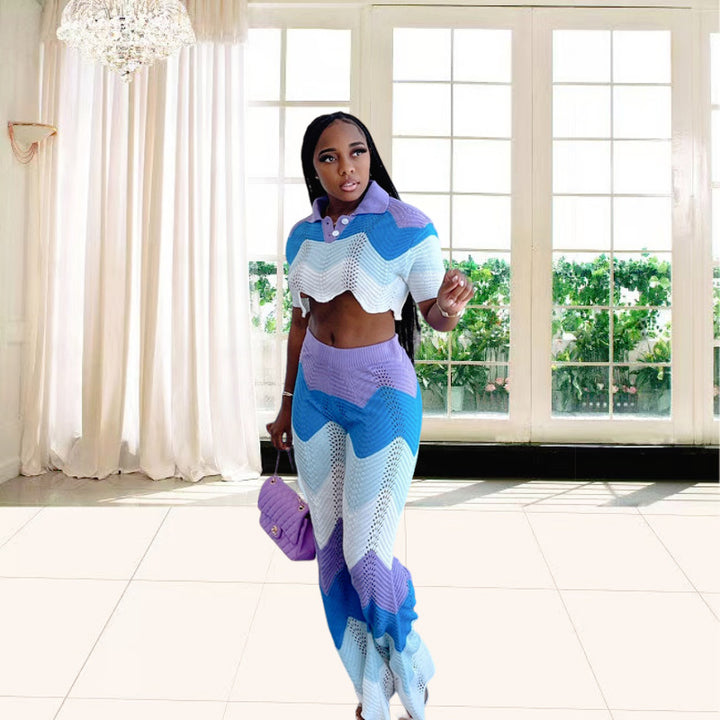 Damen Set aus gehäkeltem Crop-Top und weitem Palazzo-Hosen Drune