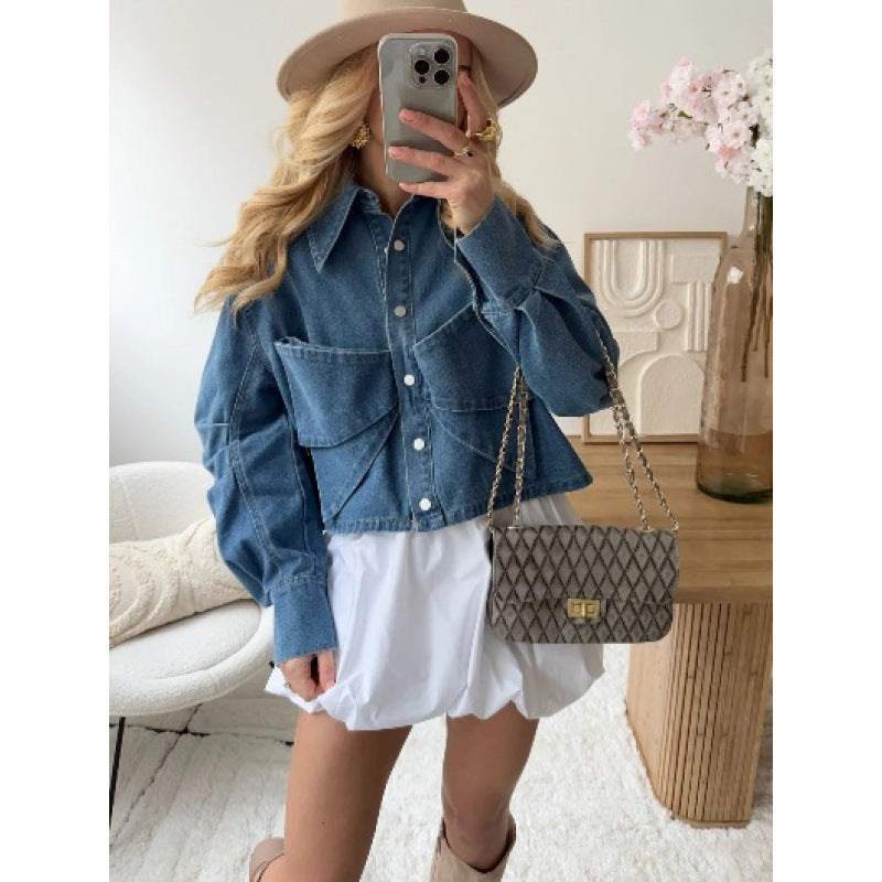 Damen stylische cropped Denimjacke mit praktischen Taschen Drune