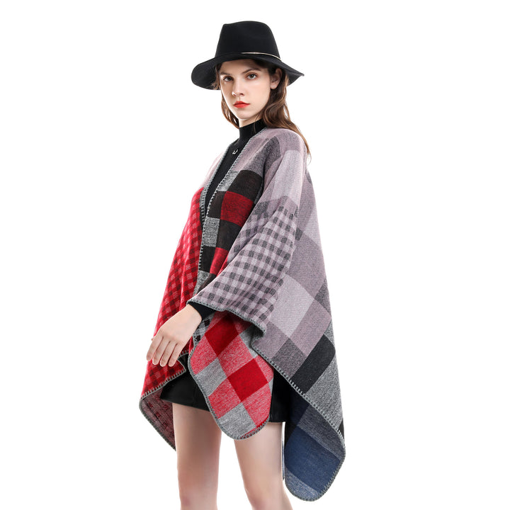 Damen Oversize-Umhang im Karomix aus Wollmix mit Häkelsaum Drune
