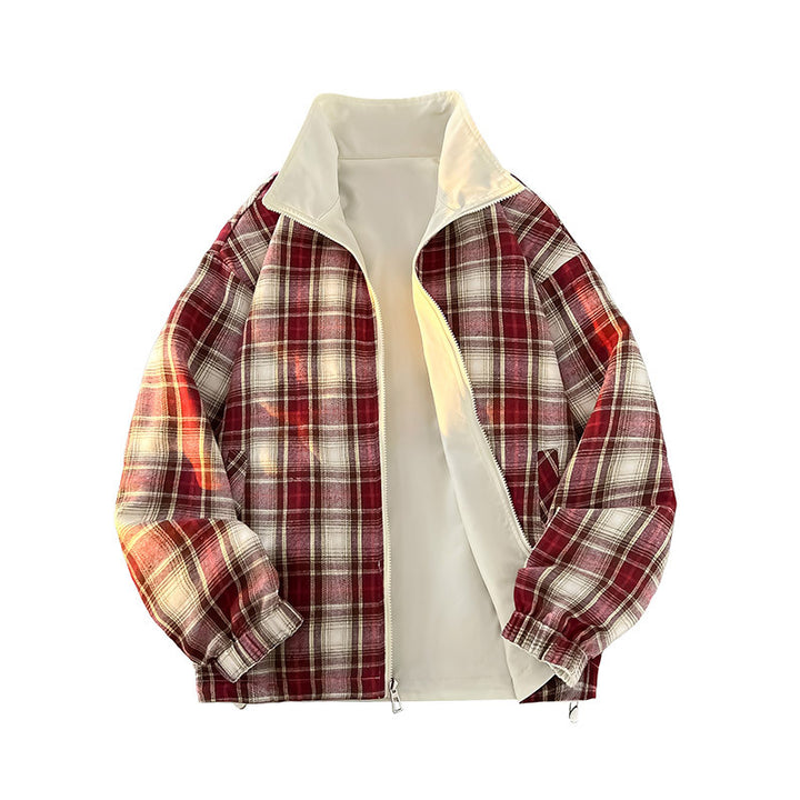 Unisex Wende-Utility-Jacke mit kariertem Innenfutter, Stehkragen und elastischen Bündchen Drune