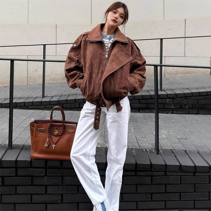Damen Oversized Veloursleder-Bomberjacke mit Taillengürtel und Schalkragen Drune