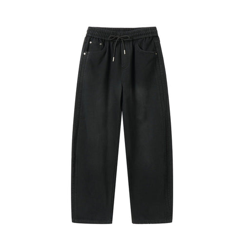 Damen Weite hochgeschnittene Jeanshose mit elastischem Bund, Kordelzug und Ziernähten Drune