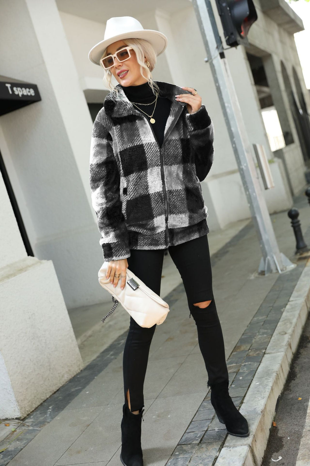 Damen Plüsch-Hoodiejacke mit trendigem Karomuster und praktischen Reißverschlusstaschen Drune