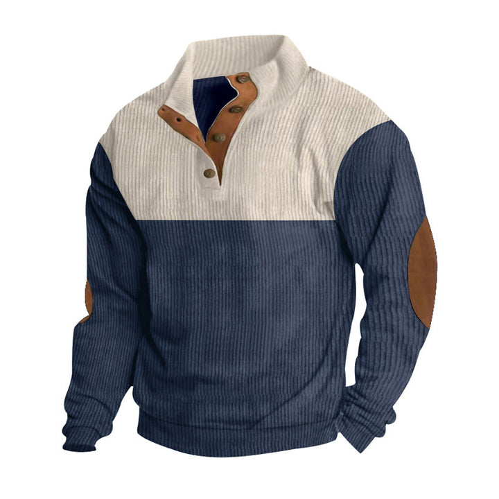 Herren nan Rippenstrickpullover mit Stehkragen Knopfleiste und Leder-Ellbogenpatches Drune