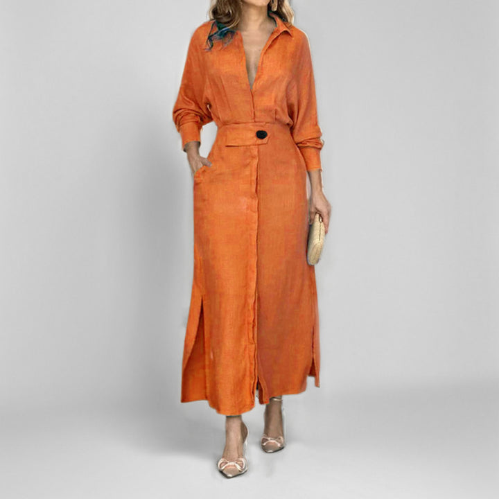 Damen elegantes Hemdblusenkleid mit Taillengürtel und seitlichen Schlitzen Drune
