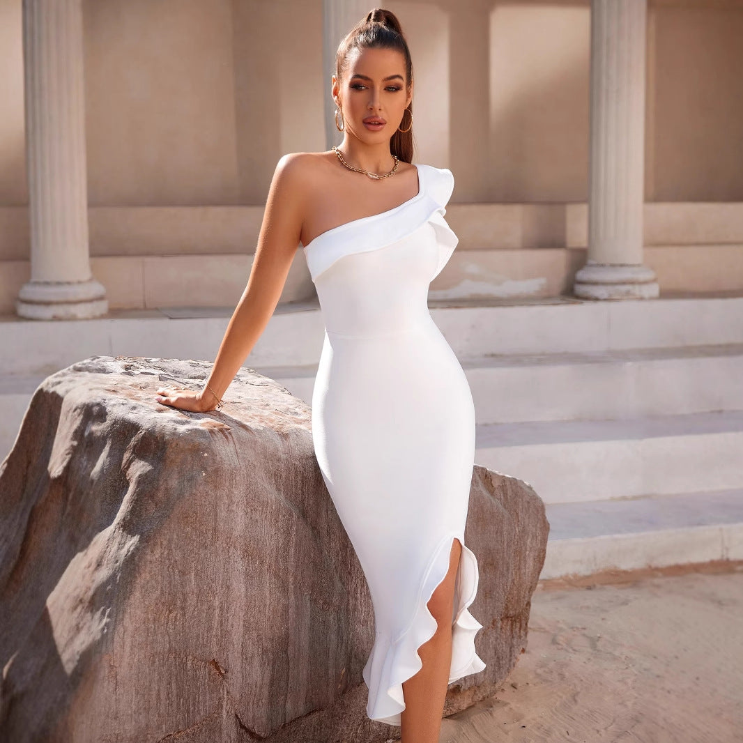 Damen Elegantes, figurbetontes Midi-Kleid mit asymmetrischem Volant und Schlitz Drune