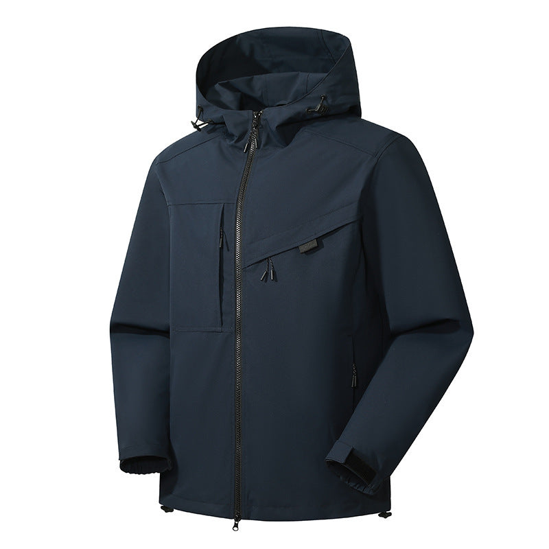 Herren technische Softshelljacke mit Kapuze, diagonalem Brustfach und Multifach-Reißverschlusstaschen Drune