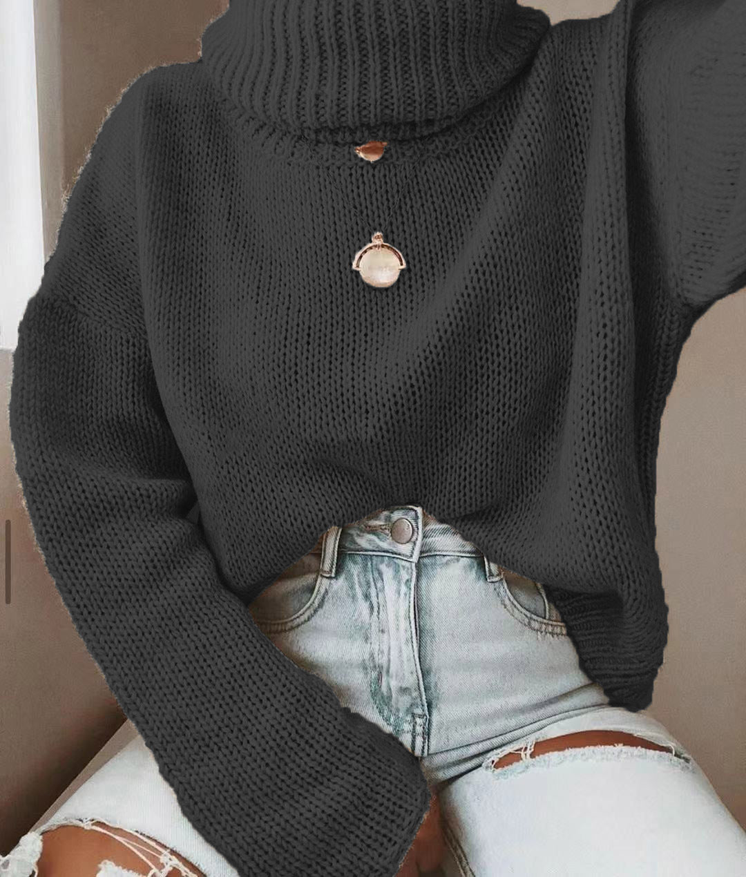 Damen Oversize Rollkragenpullover grobgestrickt mit weitem Schnitt Drune