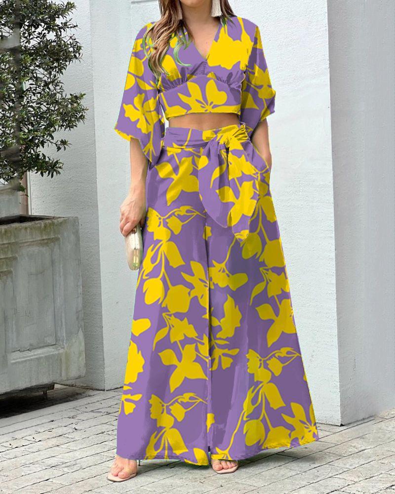 Damen Zwei-Teiler Sommer Set mit Wickel-Crop-Top und Hochtaillierten Palazzo-Hosen EB