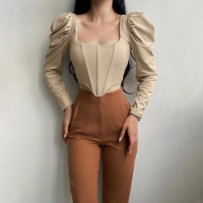 Damen Elegantes Oberteil mit Puffärmeln und tiefem Ausschnitt Drune