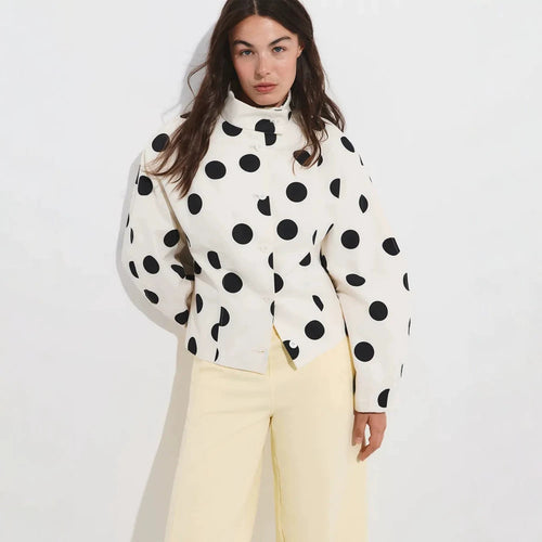 Damen Gepunktete Stehkragen-Bluse mit Oversize-Ärmeln und kastiger Cropped-Silhouette Drune