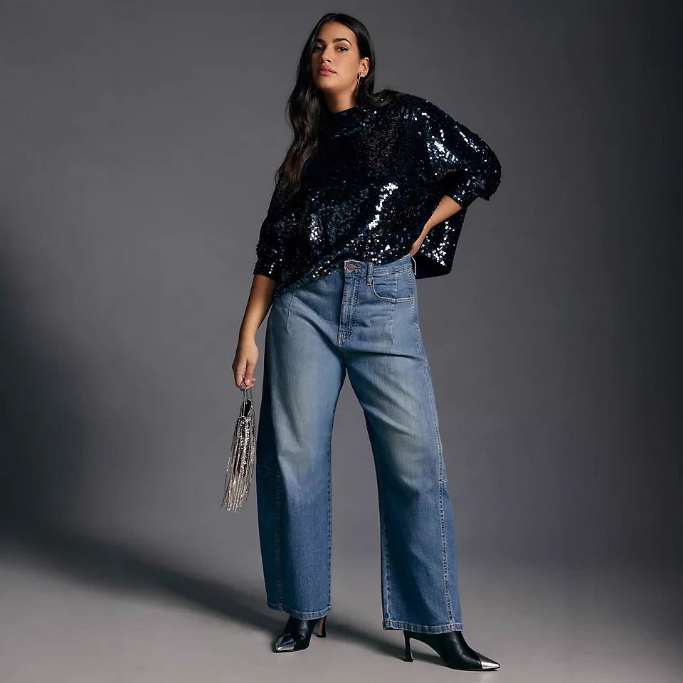 Damen nan hochgeschnittene weite Culotte-Jeans mit verkürzter Länge und dekorativen Nahtdetails Drune