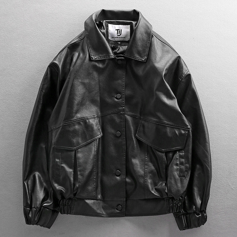 Herren Oversized Lederimitat-Utility-Jacke mit Pattentaschen und elastischem Saum Drune