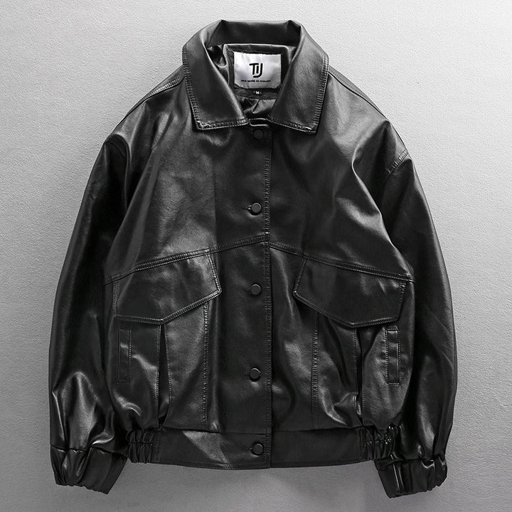 Herren Oversized Lederimitat-Utility-Jacke mit Pattentaschen und elastischem Saum Drune