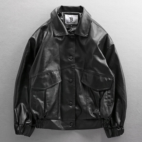 Herren Oversized Lederimitat-Utility-Jacke mit Pattentaschen und elastischem Saum Drune