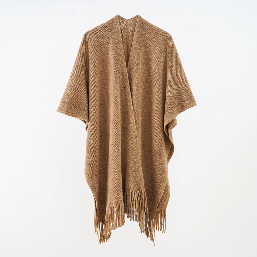 Damen Oversize-Strickcape mit Fransen und kontrastierter Bordüre Drune