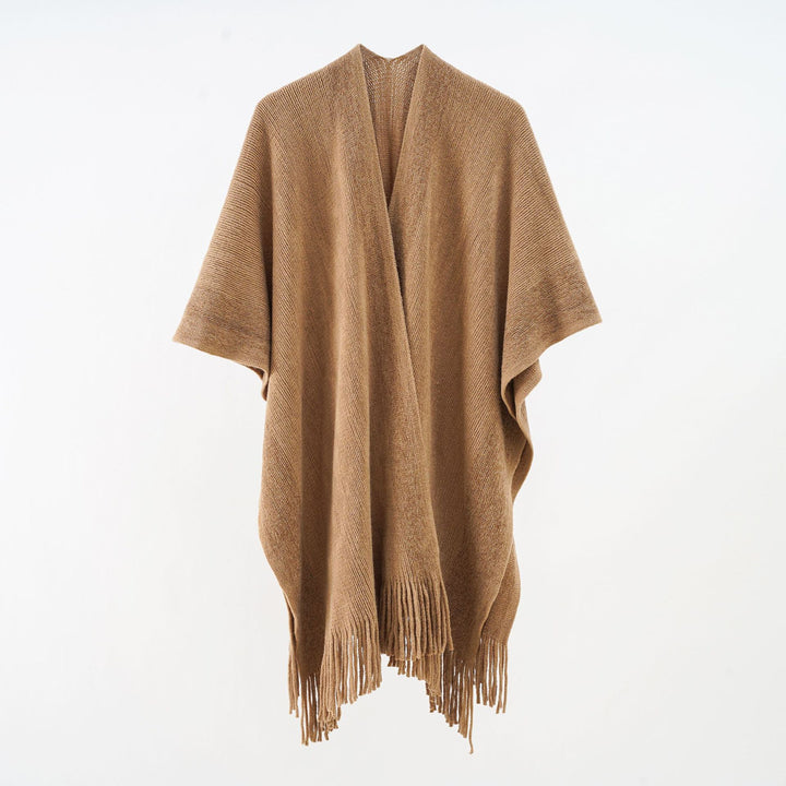 Damen Oversize-Strickcape mit Fransen und kontrastierter Bordüre Drune