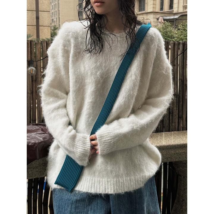 Damen Weicher Oversize Mohair‑Optik Pullover mit geripptem Saum und Rundhalsausschnitt Drune