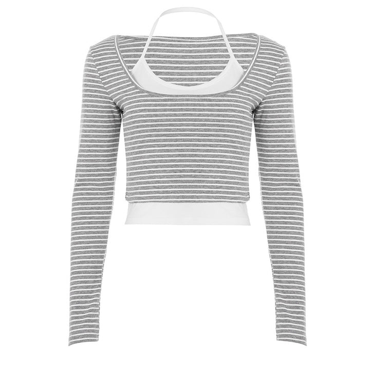 Damen nan gerafftes Layering-Cropped-Top mit integriertem Bustier und feinem Streifenstrick Drune