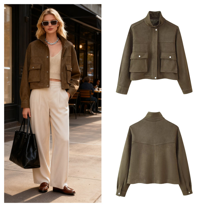 Damen modische Utility-Jacke mit doppelten Brusttaschen und hochschließendem Kragen Drune