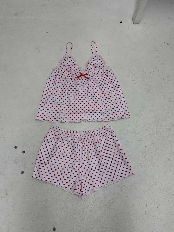 Damen Schlafanzug-Set mit Herzen und zarten Spitzenakzenten Drune