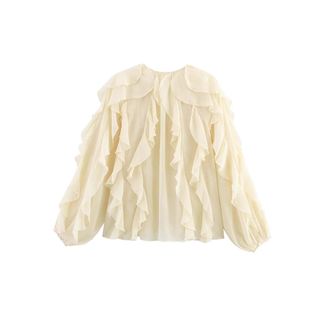 Damen nan transparente Chiffonbluse mit mehrlagigen Volants, weiten Ballonärmeln und durchgehender Knopfleiste Drune