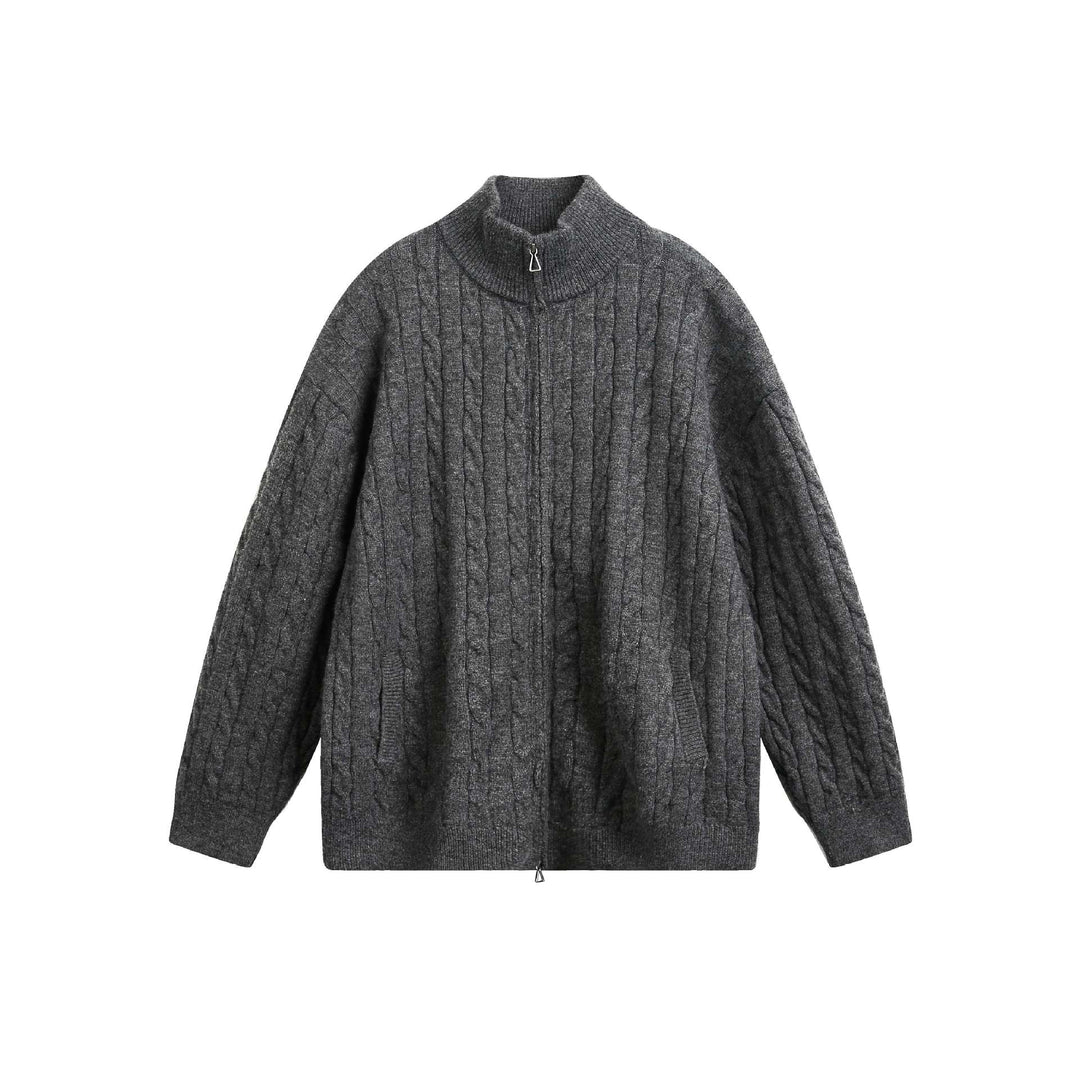 Unisex Grobstrick-Pullover mit Zopfmuster, hohem Stehkragen und Zwei-Wege-Reißverschluss Drune