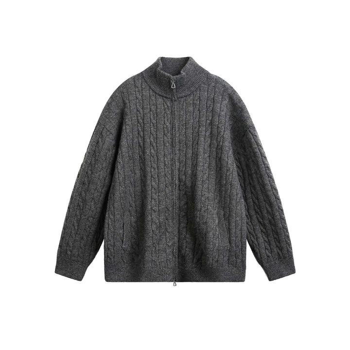 Unisex Grobstrick-Pullover mit Zopfmuster, hohem Stehkragen und Zwei-Wege-Reißverschluss Drune
