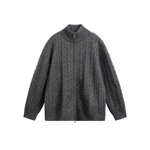 Unisex Grobstrick-Pullover mit Zopfmuster, hohem Stehkragen und Zwei-Wege-Reißverschluss Drune