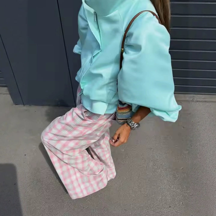Damen Voluminöse Cropped‑Blousonjacke mit Puffärmeln, Tunnelzugtaillierung und Stehkragen Drune