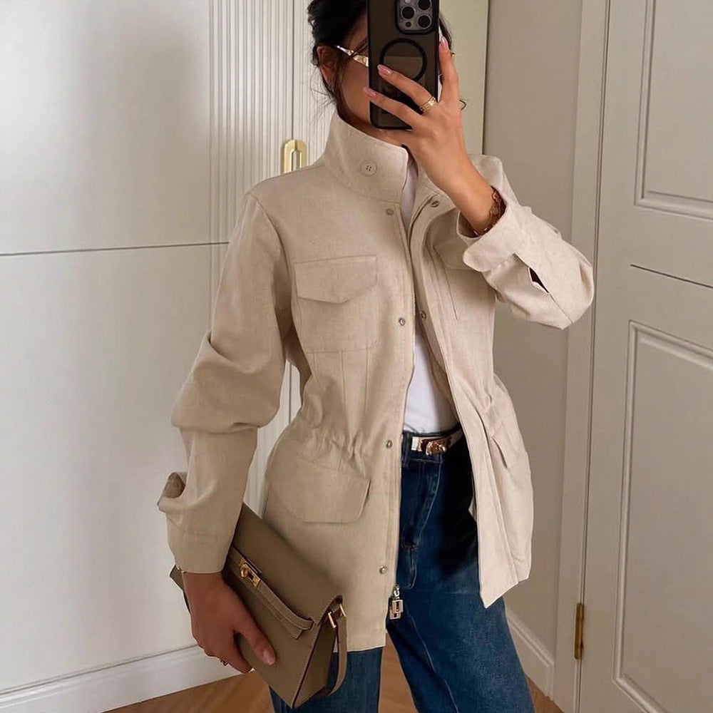 Damen lässige Utility-Jacke mit hohem Kragen und praktischen Taschen Drune