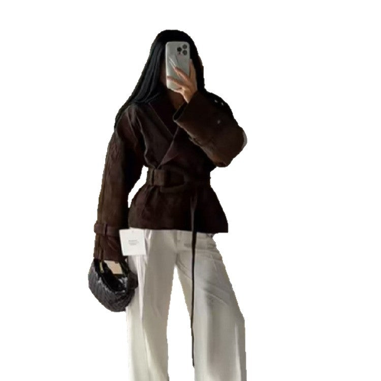 Damen Kunstlederjacke mit modischem Wickeldesign und breiten Ärmeln Drune
