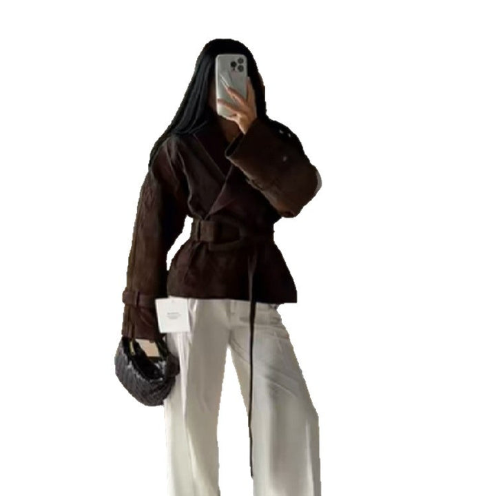 Damen Kunstlederjacke mit modischem Wickeldesign und breiten Ärmeln Drune