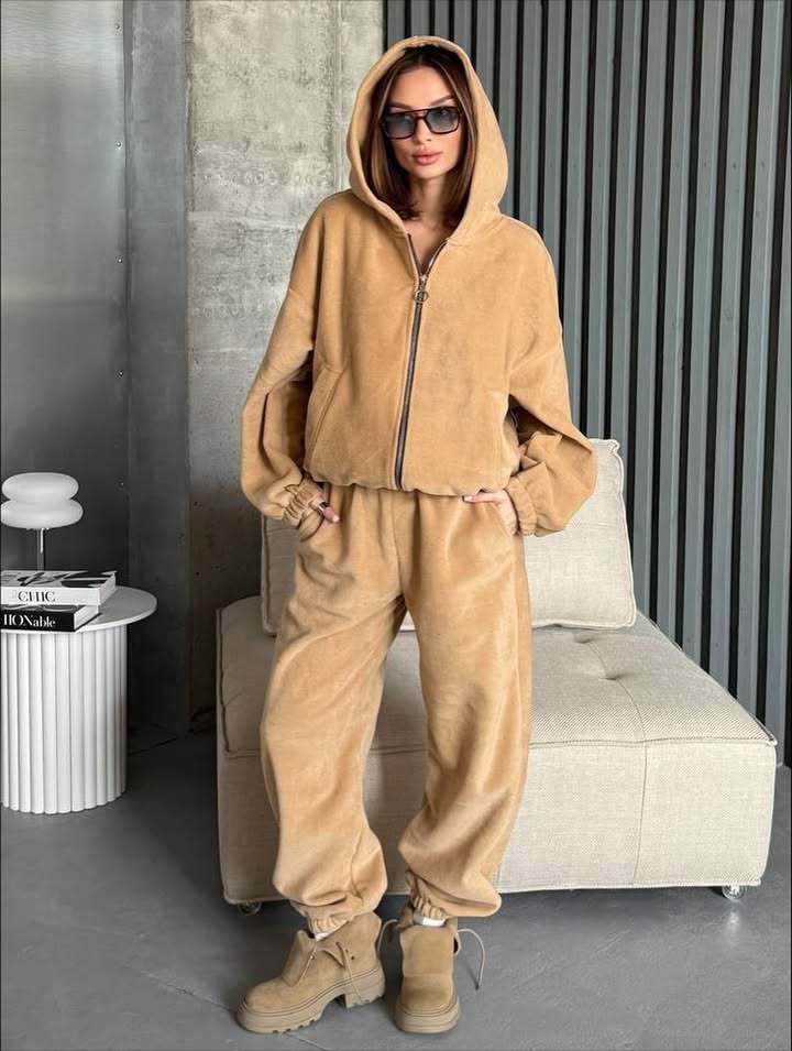 Damen Plüsch-Loungewear-Set mit Reißverschluss-Kapuzenjacke und taillenhoher Jogginghose Drune