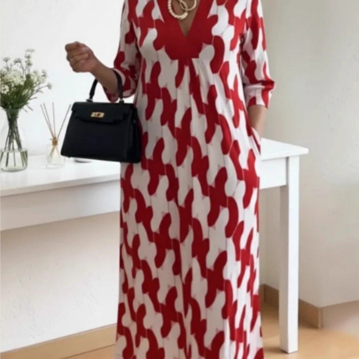 Damen lässiges Maxikleid mit elegantem V-Ausschnitt und praktischen Seitentaschen Drune