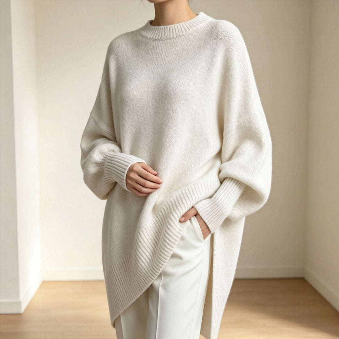 Damen Oversize Longline Feinstrick-Pullover mit Raglanärmeln und geripptem Saum Drune