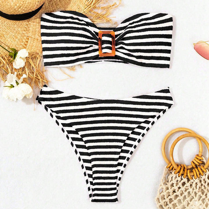 Damen Bandeau-Bikini mit modischem Streifenmuster und zeitgemäßem Gurt Drune