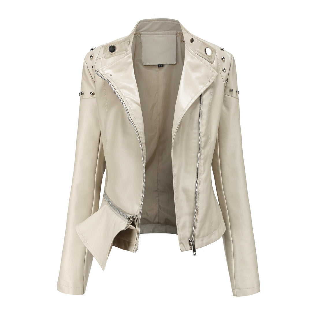 Damen nan asymmetrische Kunstleder-Bikerjacke mit Nietenapplikation und tailliertem Schößchen Drune