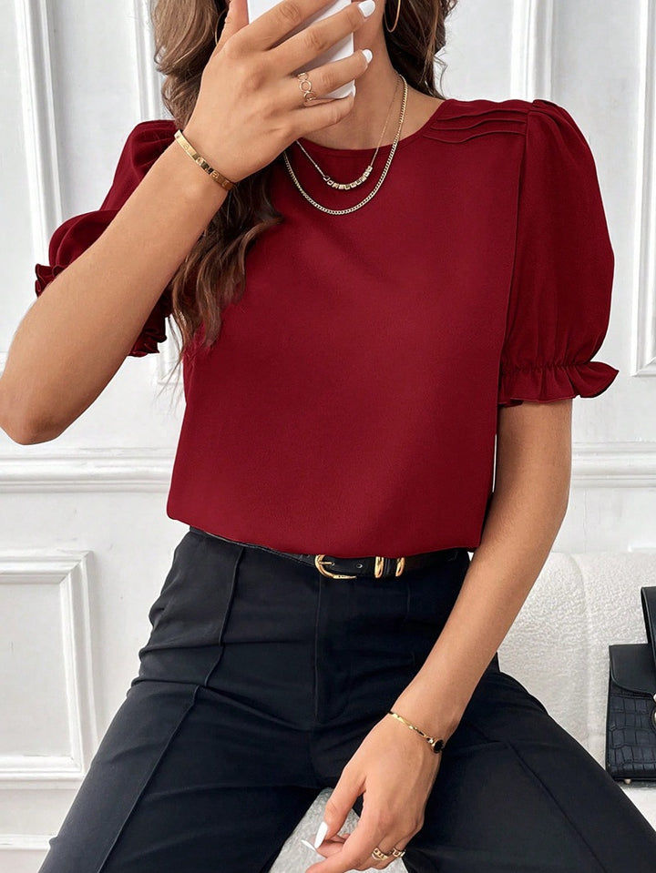 Damen Elegante Chiffonbluse mit Puffärmeln und dekorativen Schulterfalten Drune
